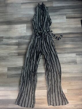 Black White and Green Vertical Stripe Halter Jumpsuit